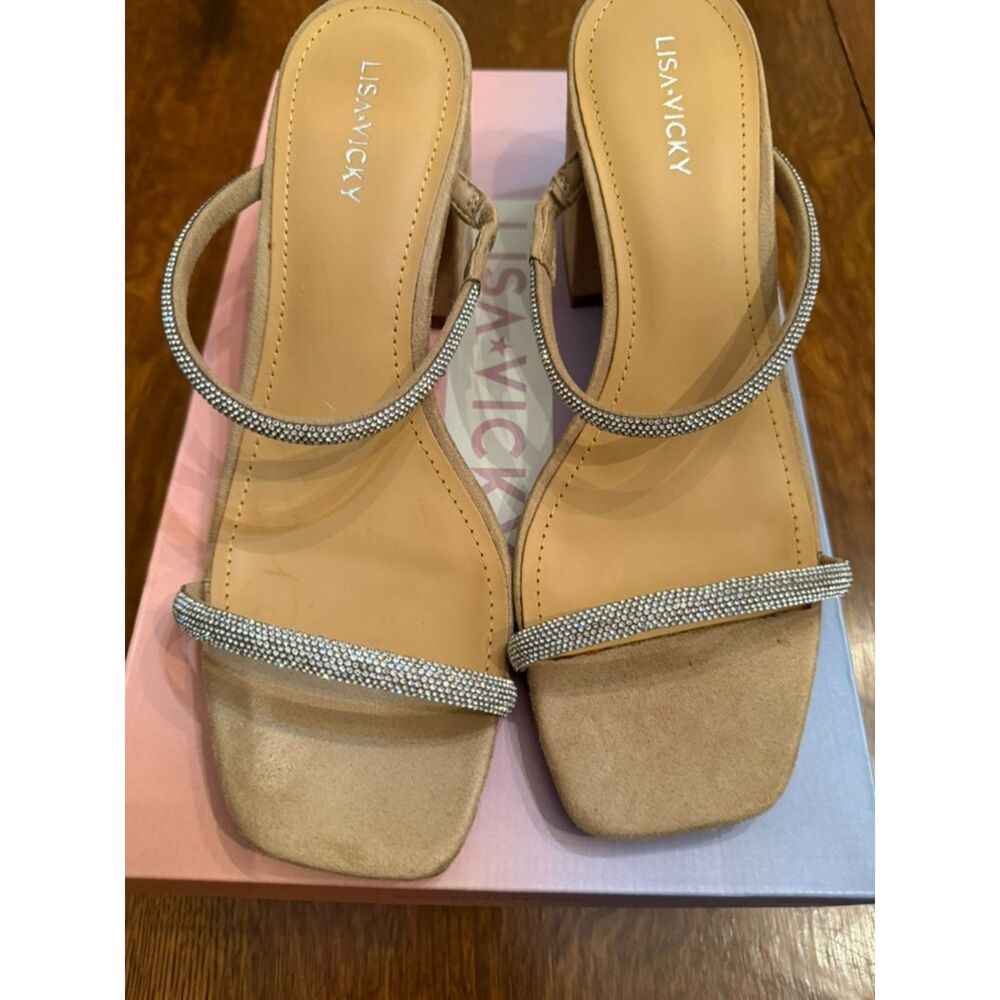 NWT Lisa Vicky Rhinestone Two Strap Block Heel Sandals Nude Size 8 - Picture 5 of 7